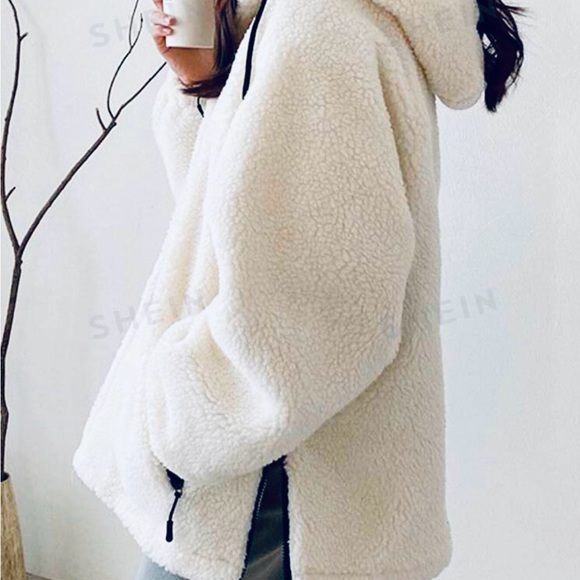 Shein DAZY Contrast Trim Raglan Sleeve Drawstring Hooded Teddy Coat - Picture 2 of 3